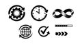 Grunge brush vector icons set featuring gear refresh clock infinity globe check progress bar arrows in black flat style minimal Royalty Free Stock Photo