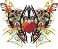 Grunge butterfly wings with tiger pattern and red heart