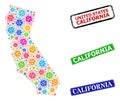 Grunge California Stamps and Multi-Colored Bacterium California State Map Collage