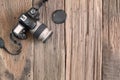 Grunge camera on dirty grunge wooden background Royalty Free Stock Photo