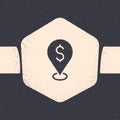 Grunge Cash location pin icon isolated on grey background. Pointer and dollar symbol. Money location. Business and