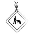 Grunge caution diamond emblem with laborer and wheelbarrow
