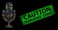 Grunge Caution Karaoke Zone Stamp Seal with Network Microphone Glare Icon with Bright Colored Glitter Dots