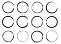 Grunge circle frames. Black ink brush round shapes, circular distress textured borders. Hand drawn grungy paint stroke Royalty Free Stock Photo