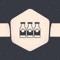 Grunge Closed glass bottle with milk icon isolated on grey background. Monochrome vintage drawing. Vector