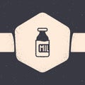 Grunge Closed glass bottle with milk icon isolated on grey background. Monochrome vintage drawing. Vector