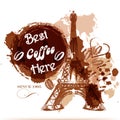 Grunge coffee poster with Eiffel tower painted by coffee stylize Royalty Free Stock Photo