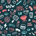 Grunge Colorful BBQ seamless pattern. Barbecue cook icon, doodle background for cafe, restaurant, grunge sketch