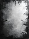 A grunge composition features sporadic black splatters and specks against a muted gray background, creating an abstract aesthetic