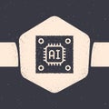 Grunge Computer processor with microcircuits CPU icon isolated on grey background. Chip or cpu with circuit board sign