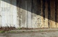 Grunge concrete block wall with moss and dirty divided in two by shadow. Road side with weeds and waste in front. Royalty Free Stock Photo