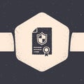 Grunge Contract with shield icon isolated on grey background. Insurance concept. Security, safety, protection, protect