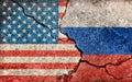 Grunge country flag illustration cracked concrete background / USA vs Russia Political or economic conflict