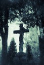 Grunge cross in an old cemetery in the woods Royalty Free Stock Photo