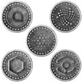 Grunge Crypto Silver Coin, Token Set - ADA, ANKR, SIA, IOTA, CHAIN Royalty Free Stock Photo