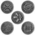 Grunge Crypto Silver Coin, Token Set - XRP, XLM, QNT, HBAR, DAG Royalty Free Stock Photo