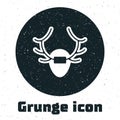 Grunge Deer antlers on shield icon isolated on white background. Hunting trophy on wall. Monochrome vintage drawing