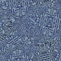 Grunge denim random geometric acid wash seamless texture material. Irregular messy architectural plan style grunge