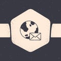Grunge Earth globe with mail and e-mail icon isolated on grey background. Envelope symbol e-mail. Email message sign Royalty Free Stock Photo