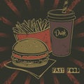 Grunge fast food poster with cheeseburger, soda and french fries takeaway Royalty Free Stock Photo