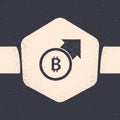 Grunge Financial growth and bitcoin coin icon isolated on grey background. Increasing revenue. Monochrome vintage