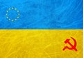 A grunge flag of Ukraine with the symbols of the European Union and Russia