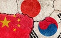 Grunge flags illustration of three countries with conflict and political problems cracked concrete background | China, Japan and