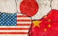 Grunge flags illustration of three countries with conflict and political problems cracked concrete background / China, USA and
