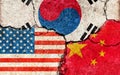 Grunge flags illustration of three countries with conflict and political problems cracked concrete background | China, USA and