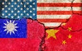 Grunge flags illustration of three countries with conflict and political problems cracked concrete background | USA, China and