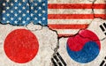 Grunge flags illustration of three countries with conflict and political problems cracked concrete background | USA, Japan and