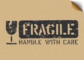 Grunge Fragile sign on craft paper box for logistics or cargo. Vector illustration Royalty Free Stock Photo