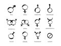 Grunge Gender icon set with different sexual symbols female, male, bisexual, agender, transgender. Mars and Venus signs