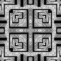 Grunge geometric black and white vector seamless pattern. Textured tapestry background. Embroidery greek style