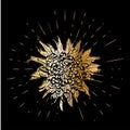 Grunge golden chrysanthemum flower with burst on a black background . Vector illustration for postcards, calendars Royalty Free Stock Photo