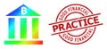 Grunge Good Financial Practice Stamp Print and Triangle Filled Rainbow Bitcoin Bank Icon with Gradient