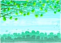 Grunge green ecological city under tree branches