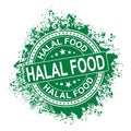 Grunge green Halal food with mark icon round rubber seal stamp on white background