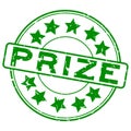 Grunge green prize word round rubber stamp on white background