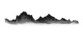 Grunge halftone mountain range. Black textured landscape terrain silhouette. Fading grainy hills chain wallpaper. Grungy