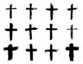 Grunge hand drawn cross symbols set. Christian crosses, religious signs icons, crucifix symbol vector illustration isplated on whi