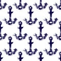 Grunge hand printed anchors in navy blue and white seamless pattern, vector Royalty Free Stock Photo
