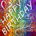 Grunge happy birthday billboard in rainbow layout with heart and doodle flower