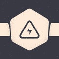 Grunge High voltage icon isolated on grey background. Danger symbol. Arrow in triangle. Warning icon. Monochrome vintage