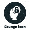 Grunge Human head with lock icon isolated on white background. Monochrome vintage drawing. Vector