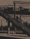 Grunge illustration in black and white. Abstract silhouette of the city with a bridge and stairs. Urban style background. Vector Royalty Free Stock Photo