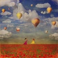 Grunge image of small girls with colorful hot air balloons