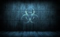 Grunge industrial background with biohazard symbol. Dark room with concrete slab walls with bio hazard sign. 3d illustration