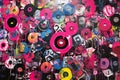 Grunge inspired collage vinyl records pop art graffiti in vibrant colors, a burst of creativity Royalty Free Stock Photo