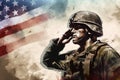Grunge-Inspired Illustration: Soldier Saluting Fallen Comrade & Distressed American Flag